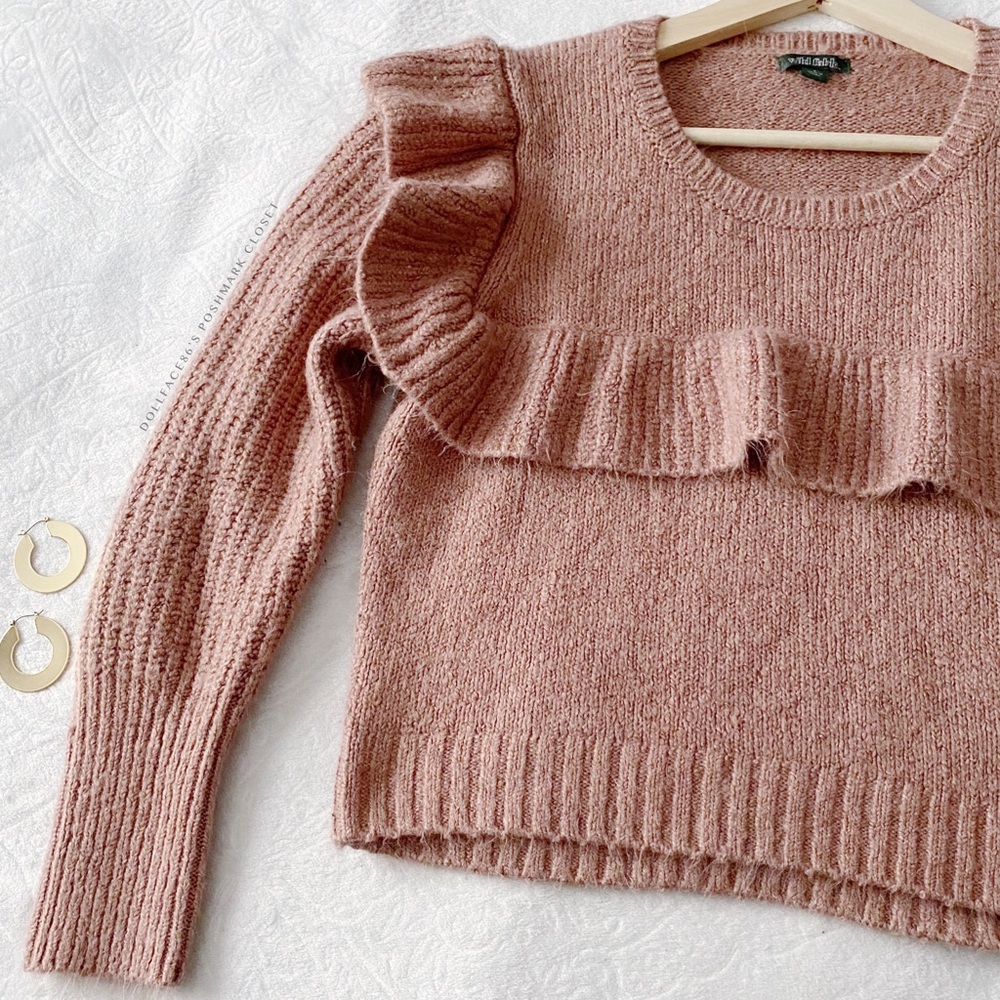 Soft Ruffle Chest  Short Waist Crew Neck Sweater